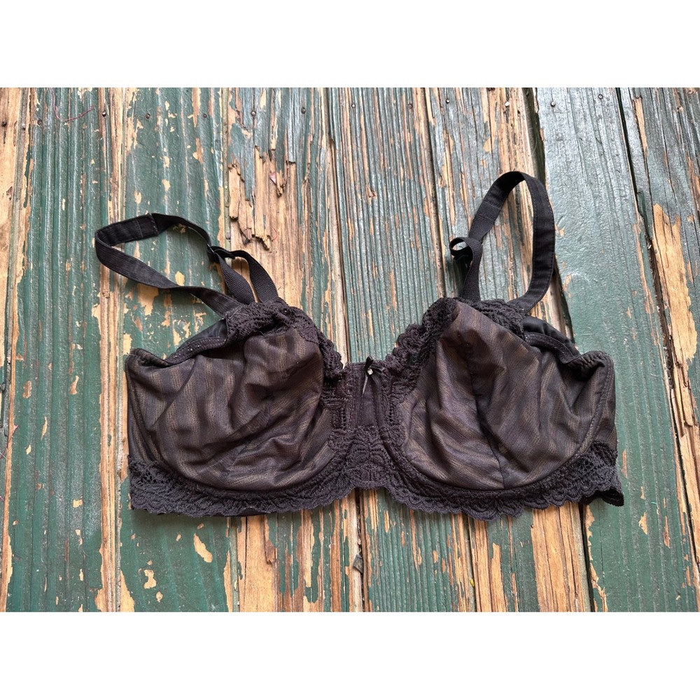 Whimsy Black Mesh Lace Trim Underwire Bra 36DD Style 152-11 Striped Sheer